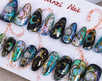 Handmade press on nail, Starlit Galaxy Elegance press on nail, Medium Almond, 20 pieces set