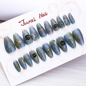 Reusable Handmade nails, Mystic Seas press on nail, Medium Almond, 20 pieces set 24031902