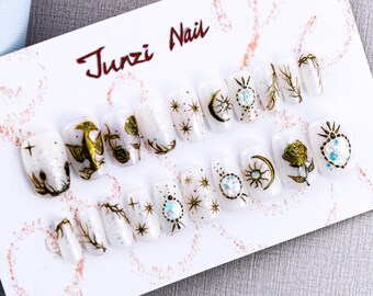 Handmade Rose Glitter Press On Nails: Verdant Enchantment, Medium Coffin, 20 Piece Set