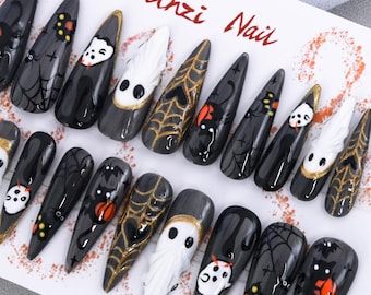 Handmade Halloween Press On Nails: Haunted Night Glam - 20 Piece Set, Long Stiletto Shape