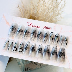 Handmade press on nail , Black rose butterfly garden glitter press on nail , Extra Long Coffin , 20 pieces set 080102