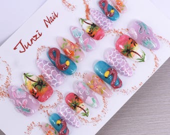 Handmade Tropical Flamingo Sunset Press On Nails - Medium Almond, 20 Piece Set