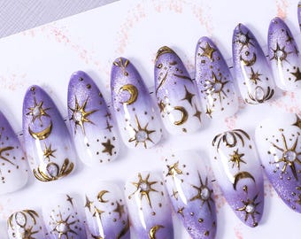 Handmade Nail, Golden Night Sky Press on Nail, Medium Almond, 20 Pieces Set