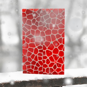 Può includere: Due blocchi di resina rossa con un motivo geometrico bianco e rosso. I blocchi sono su una superficie di legno ricoperta di neve.