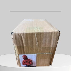 Puede incluir: Una caja de cart&oacute;n marr&oacute;n con una peque&ntilde;a imagen de una figura de superh&eacute;roe roja y azul en la parte delantera. La caja est&aacute; sobre una superficie blanca.