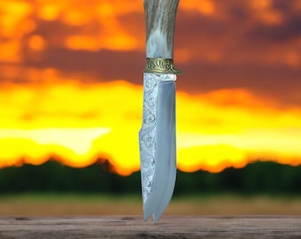 Handmade Engraved Hunting Knife, N690 Steel Blade