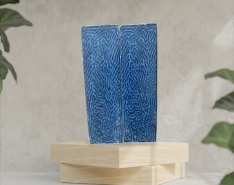 May include: Two blue ceramic tiles with a white, organic, vein-like pattern. The tiles are standing upright on a wooden platform.