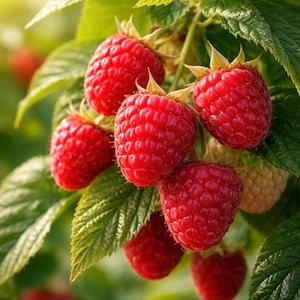 May include: Close-up of ripe red raspberries on a green leafy branch. The raspberries are in various stages of ripeness, with some still developing. The image is well-lit, highlighting the texture and color of the fruit.