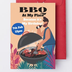 Könnte beinhalten: Eine BBQ-Einladungskarte mit rotem Umschlag. Die Karte zeigt eine Cartoon-Illustration einer grillenden Person mit dem Text "BBQ At My Place Because it's My Birthday!" sowie Datum und Uhrzeit.