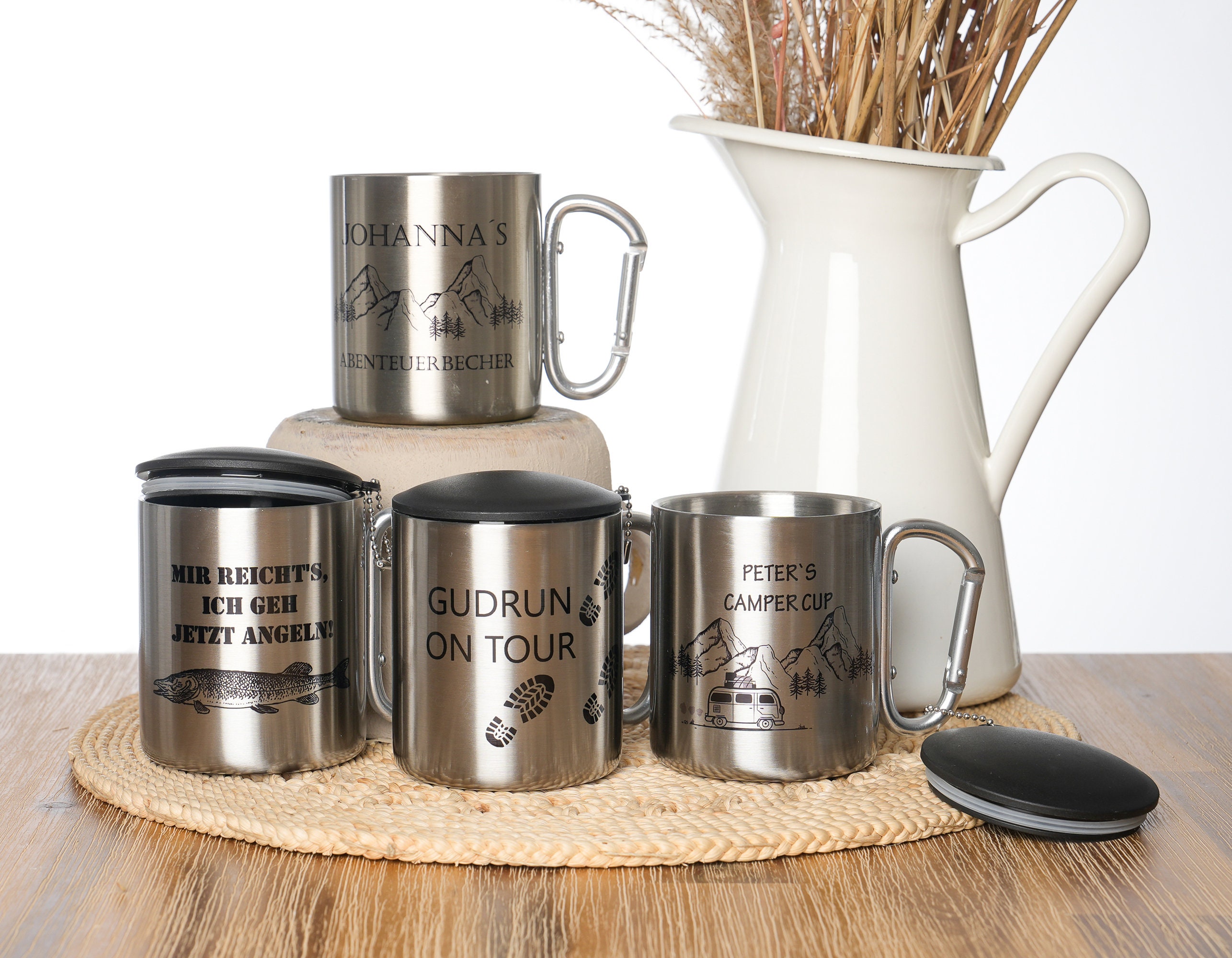 Personalisiert Edelstahltasse Mit Karabiner – 330 Ml, Spruch Oder Name, Für Outdoor & Büro