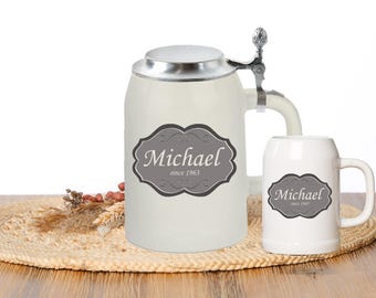 Bierkrug 500ml bedruckt, personalisiertes Steinkrug, mit oder ohne Zinndeckel, Keramik, Geschenk, Geschenkidee, Personalisiert mit Namen