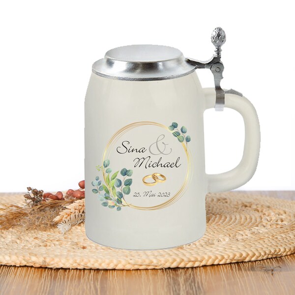 Hochzeitskrug bedruckt, Bierkrug 500ml, Zinndeckel, Keramik, Hochzeitsgeschenk, Geschenkidee, Personalisiert mit Namen & Datum