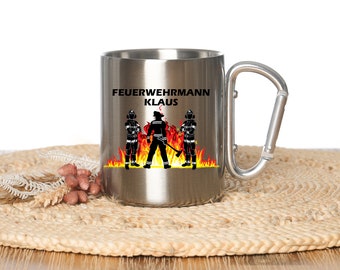 Edelstahlbecher- Tasse mit Karabinergriff, Deckel, Geschenk, Geschenkidee, Feuerwehrmann, mit Namen personalisiert