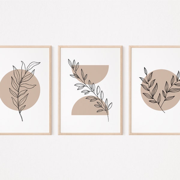 Boho Abstract Minimalist Leaf Art, Set of 3 Printable Wall Art, Geometric Neutral Brown Beige Living Room Decor