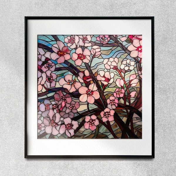 Cherry Blossoms Stained Glass Art Poster Print | Sakura Blossoms, Art Nouveau Flowers, Pink Flowers Print , Cherry Blossom Tree