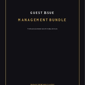 Może przedstawiać: Czarna okładka dokumentu z cienką złotą ramką zawierająca tekst UK RENTALS, GUEST ISSUE MANAGEMENT BUNDLE, Professional printable tools for holiday lets, 20-PAGE PRINTABLE A4 PDF oraz Instant digital download | Protected preview cover.