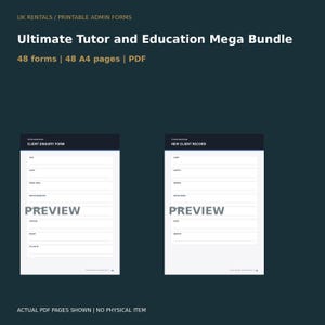 May include: A digital document bundle titled Ultimate Tutor and Education Mega Bundle containing 48 A4 pages of printable admin forms. The image displays two white form templates labeled Client Enquiry Form and New Client Record on a dark background.