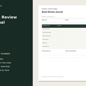 May include: A printable Book Review Journal planner page featuring sections for book title, author, and reflection prompts including favourite character, setting, atmosphere, most memorable scene, themes, writing style, and who might enjoy it.