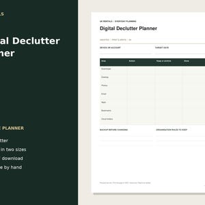 Könnte beinhalten: Ein druckbares Digital Declutter Planner Dokument mit einer Tabelle, die Spalten für Area, Action, Keep or archive und Done enthält. Das Layout umfasst Abschnitte für Device or Account, Target Date, Backup Before Changing und Organisation Rules to Keep.