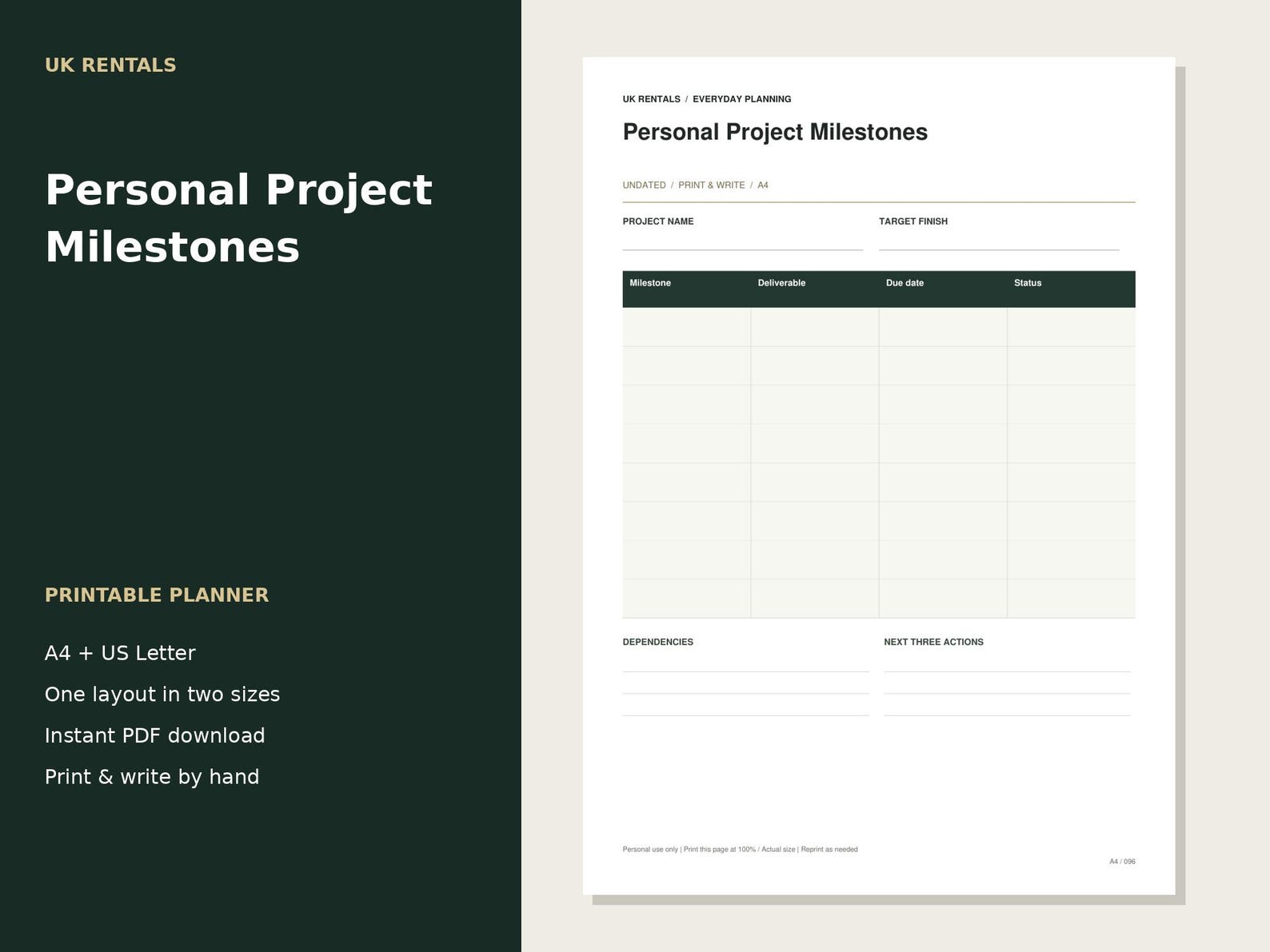 Personal Project Milestones Printable PDF | A4 and US Letter | Undated ...
