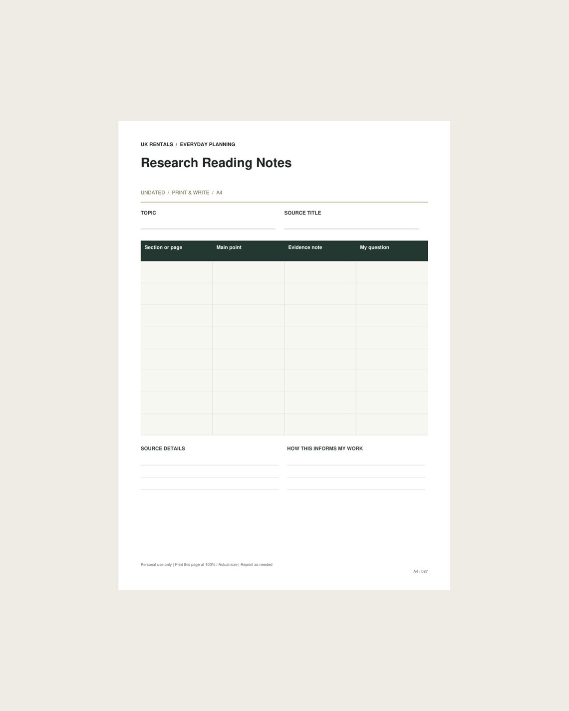 Research Reading Notes Printable PDF | A4 and US Letter | Undated ...
