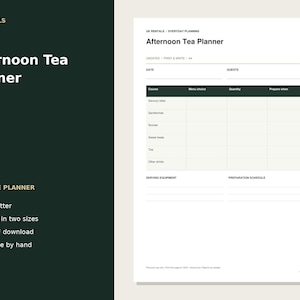Puede incluir: Un planificador de té de la tarde imprimible con un encabezado verde oscuro y un diseño de cuadrícula blanca. El formulario incluye secciones para fecha, invitados, opciones de menú, cantidades, tiempos de preparación y equipo de servicio.