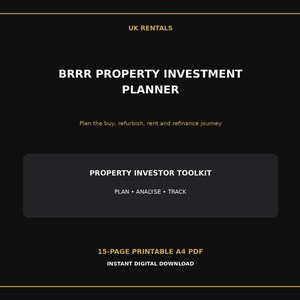 May include: A black digital document titled BRRR PROPERTY INVESTMENT PLANNER with the subtitle Plan the buy, refurbish, rent and refinance journey. It includes a PROPERTY INVESTOR TOOLKIT section with PLAN, ANALYSE, TRACK and 15-PAGE PRINTABLE A4 PDF.