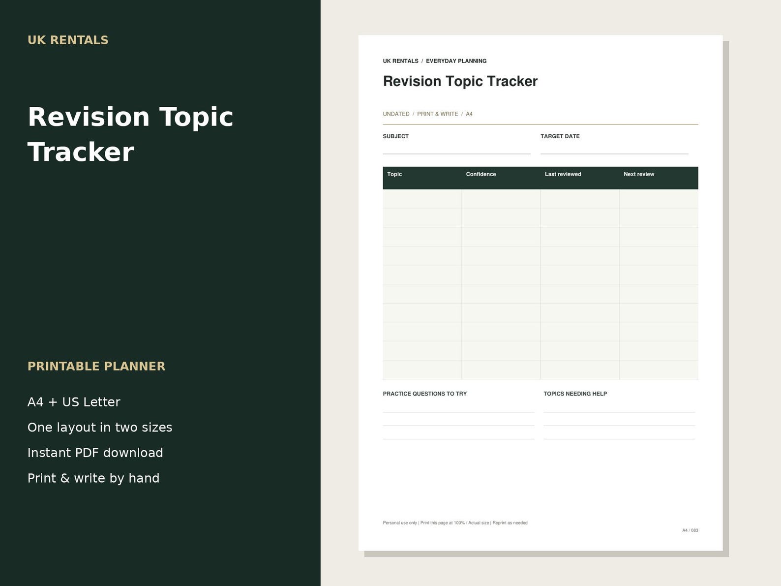 Revision Topic Tracker Printable PDF | A4 and US Letter | Undated ...