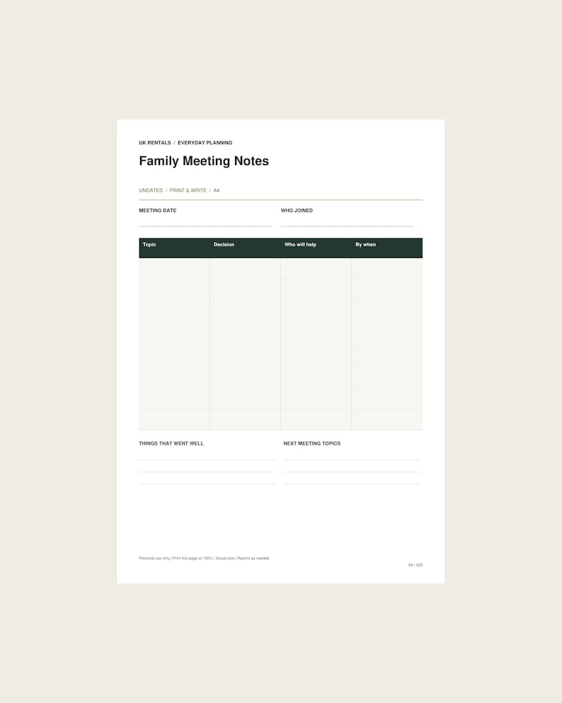 Note Talking Sheet Family Meeting Notes Printable PDF | A4 and US Letter | Undated ...