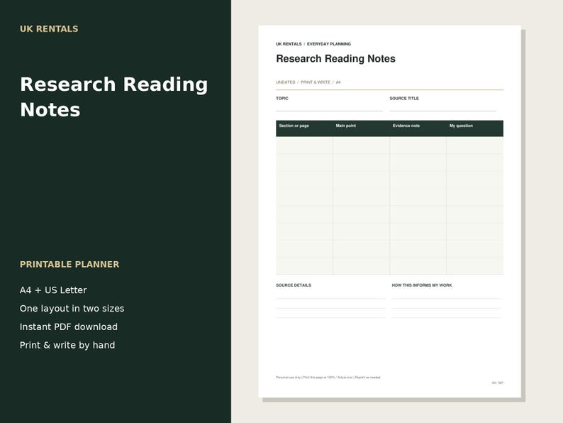 Research Reading Notes Printable PDF | A4 and US Letter | Undated ...