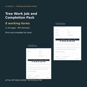 May include: A digital Tree Work Job and Completion Pack containing 8 working forms across 11 A4 pages. The document features a Tree Work Job Sheet and a Pruning Work Record with fields for job details, site information, and work descriptions.