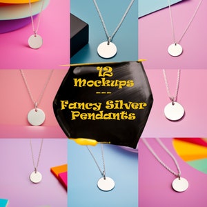 May include: Twelve mockups of silver pendant necklaces with blank circular charms. The necklaces are displayed on various colored backgrounds.