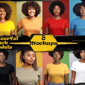 Colorful Black Women Mockup Pack featuring Bella 3001 Style T-shirt Mockups