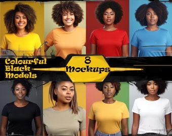 Colorful Black Women Mockup Pack featuring Bella 3001 Style T-shirt Mockups