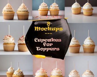 8 Cupcake Topper Mockup Bundle - Food Mockup