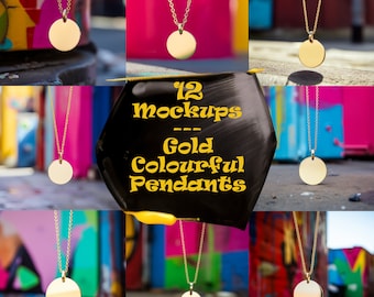 12 Gold Disc Pendant Street Mockups - Metal Disk Display Set - Canva Overlay Mockup