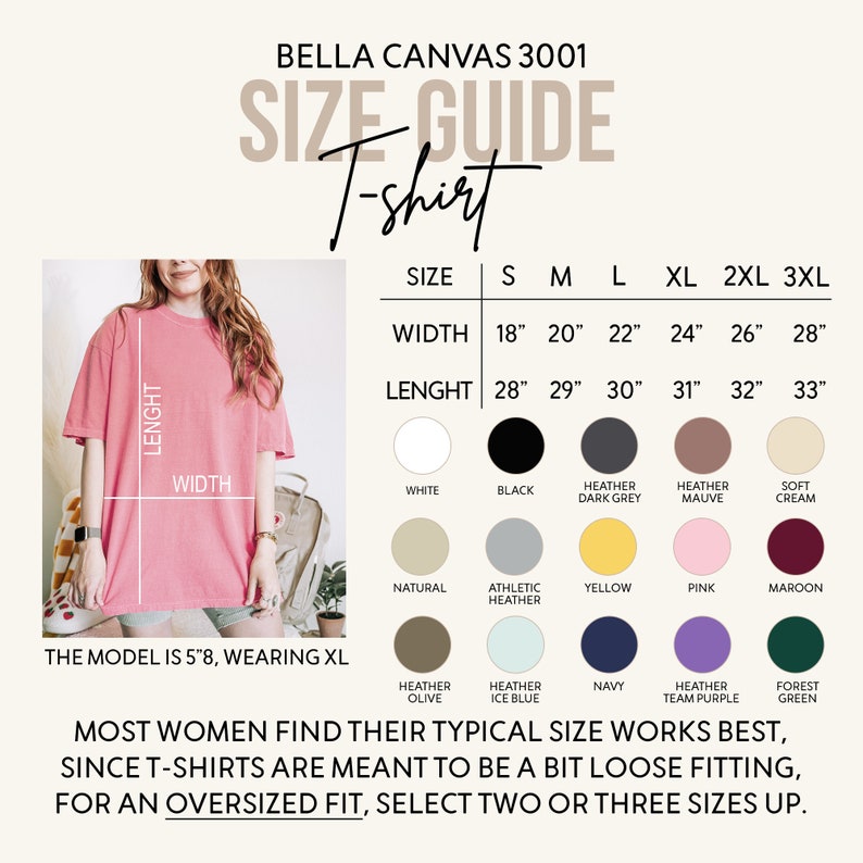 May include: Size guide for Bella Canvas 3001 t-shirts. Includes width and length measurements in inches for sizes S to 3XL. Color options include white, black, heather grey, mauve, cream, natural, athletic heather, yellow, pink, maroon, olive, ice blue, navy, team purple, and forest green.