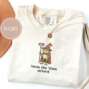 May include: Ivory-colored t-shirt with a whimsical frog wizard graphic, wearing a red hat and cape, holding a staff. The text "'twas the 'tism m'lord" is printed below the graphic. A gold necklace with a pendant is also visible.