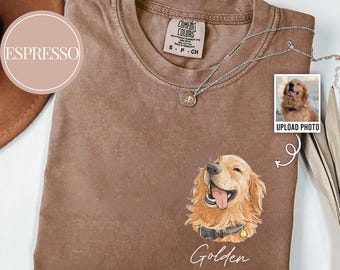 May include: Espresso-colored t-shirt with a graphic of a Golden Retriever. The shirt has the word "Golden" below the dog image and a small photo with the text "UPLOAD PHOTO". A silver necklace is on the shirt.