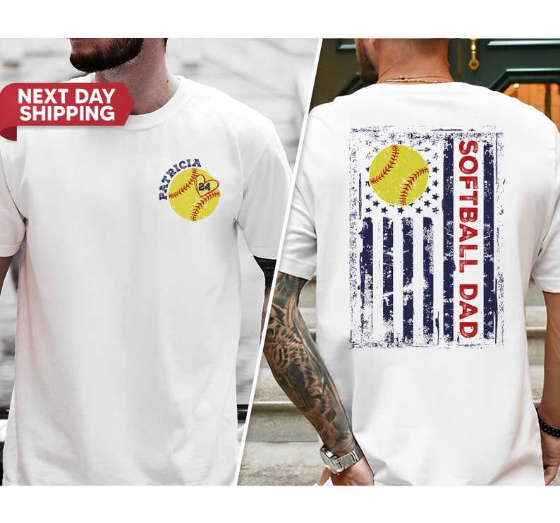 May include: White t-shirt with a softball and the text "Patricia 24" on the front. The back of the shirt has a distressed American flag with a softball and the text "Softball Dad".
