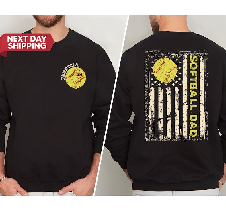 May include: Black sweatshirt with a distressed American flag design featuring a softball and the text "Softball Dad". The front of the sweatshirt has a softball with the text "Patricia" above it.
