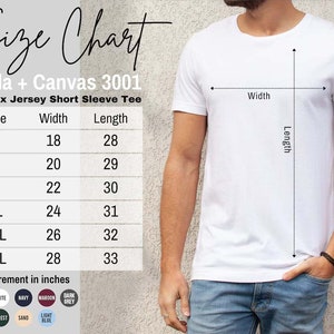 May include: Size chart for Bella + Canvas 3001 unisex jersey short sleeve tee. The chart shows sizes S through 3XL with corresponding width and length measurements in inches.