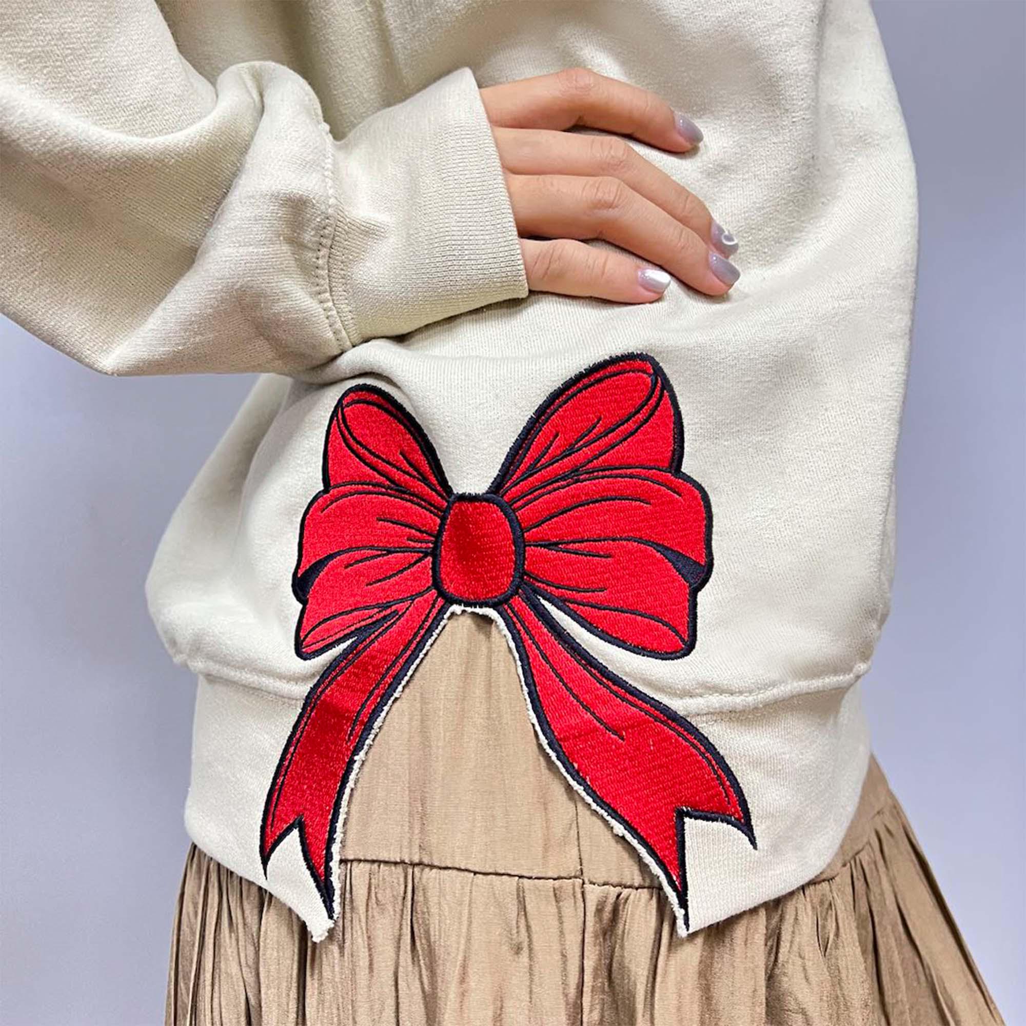 Embroidery Side Bow Cut-out Sweatshirt, Santa Sweatshirt With Trendy Side Bow, Gifts Coquette Bow, Side Slit Sweater, Trendy Coquette Bow