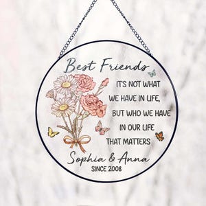 Personalized Best Friends Birth Month Flower Stained Glass Suncatcher, Custom Friend Garden Hanging Art Decor, Mothers Day Gift for Grandma