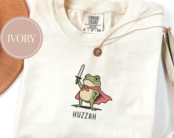 Comfort Colors Huzzah Frog with Sword Shirt, Medieval Frog Shirt, Funny Renaissance Faire Frog Gift, Whimsical Medieval, Frog Knight Shirt