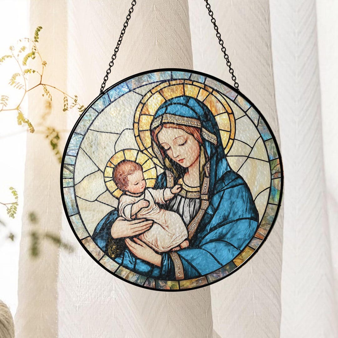 Virgin Mary and Baby Jesus Stained Glass Suncatcher, Religious Hanging ...