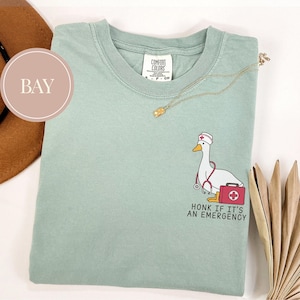May include: A light green t-shirt with a cartoon goose wearing a nurse's hat and holding a stethoscope and a first aid kit. The text "Honk if it's an emergency" is printed below the goose.