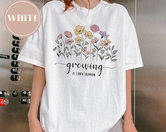Comfort Colors Growing A Tiny Human Shirt, New Mom Shirt, Mama Shirt, Pregnancy Announcement Shirt, Wildflower Baby Reveal Maternity Shirt