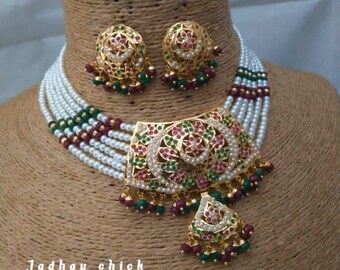 Conjunto de collar y pendientes Jadau Kundan, collar y pendientes punjabi Jhoomar, joyería nupcial Jhoomar con circonita cúbica, collar hecho a mano, regalo para madre.