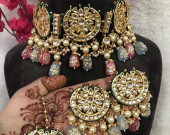 Gold Plated Kundan Polki Jadau Wedding Necklace Set With Chandbali Earrings/Sabyasachi Polki Gild Plated Bridal Choker Necklace Set/Punjabi